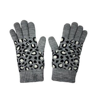 Women’s Gray Leopard Print Knit Winter Gloves Fleece Lined